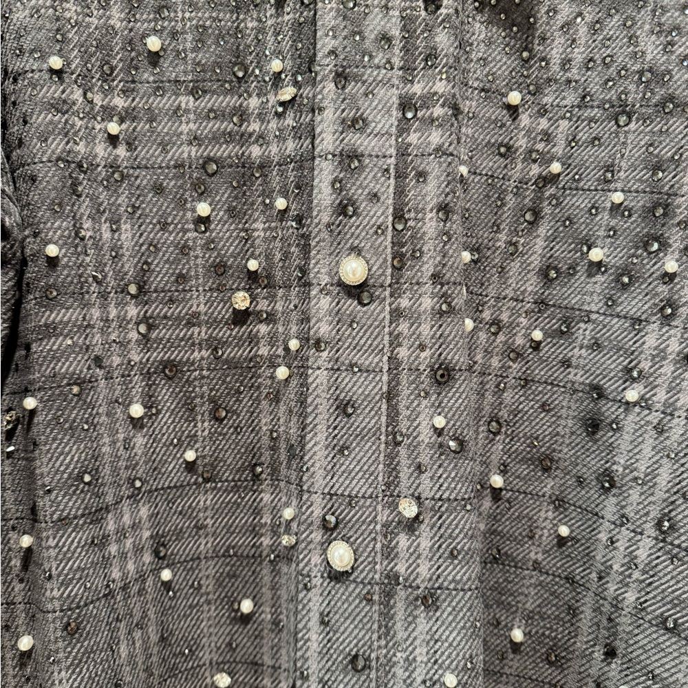 Birth of Royal Child Gray Plaid Button Down Shirt with Diamond and Pearl Accents - Picture 4 of 10